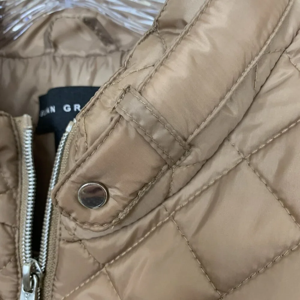 Susan Graver Womens XL Quilted Jacket Ponte Side Panels Zip Pockets Tan Puffer - Picture 7 of 14